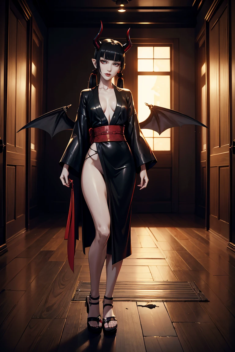 photo of a woman(solo, tall, slender, thin waist, big , sexy, slutty, demonic, evil, korean facial features, slanted eyes, thin lips, pale skin, revealing red kimono, leather sandals, long legs, smooth skin, black hair, twin tails, bangs, succubus, black demon wings, black tail, black horns) standing in a room of an abandoned manor at night, hyperrealistic, cinematic, masterpiece, best quality, high quality, maximum detail, correct anatomy
