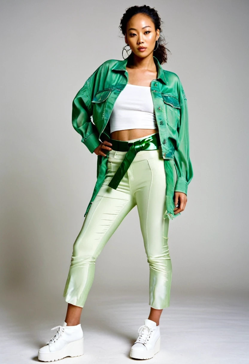 A model, beautiful mixed race Nigerian and Korean woman aged 27years. Wearing a belt made of shiny green silk. Informal messy design. Loosely twisted and wrapped material, makeshift belt. Being worn over white shiny leggings.  White open-toe platform sole shoes. Pale green denim jacket. White transparent t-shirt 