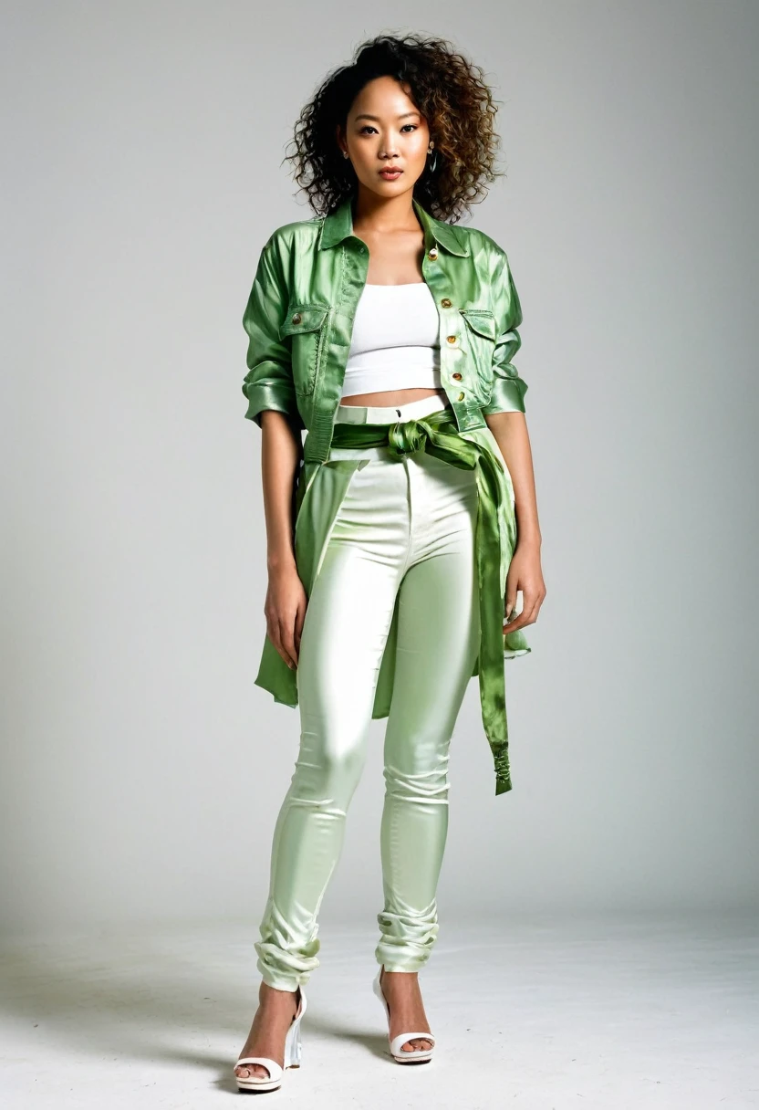 A model, beautiful mixed race Nigerian and Korean woman aged 27years. Wearing a belt made of shiny green silk. Informal messy design. Loosely twisted and wrapped material, makeshift belt. Being worn over white shiny leggings. White open-toe platform sole shoes. Pale green denim jacket. White transparent t-shirt