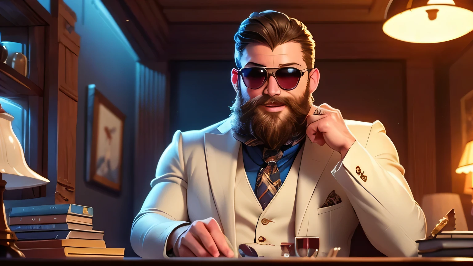  a manly man strong and handsome , sitting behind a luxury desk, looking like tom hardy ,looking happy, laughing, businessman , american man, with big moustache and beard , dressed in a suit and sunglasses , youtuber , sitting behind a luxury desk , in a bright living room , youtuber ambiance, influencer , ultra detail, high resolution, ultra detailed, best quality, amazing, top quality, extremely detailed CG unity 8k wallpaper, cinematic lighting,
