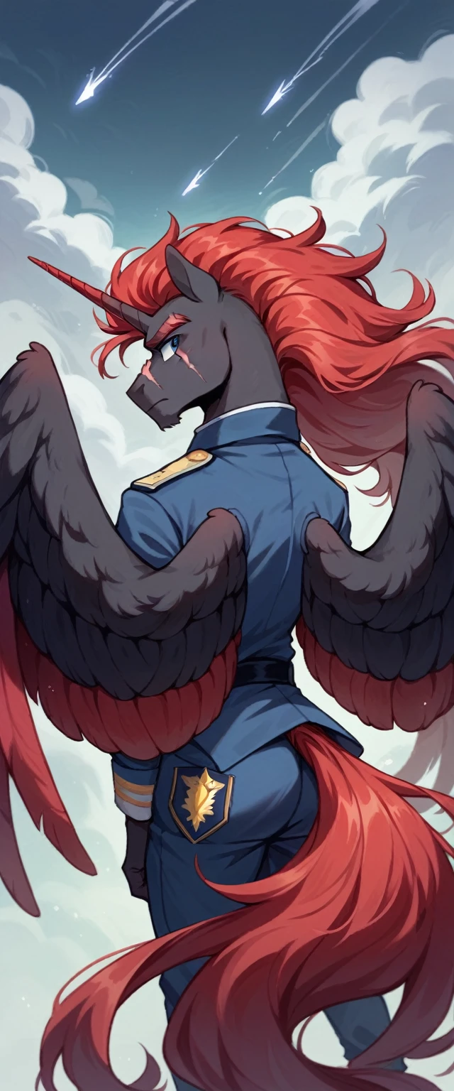 Male alicorn pony, sfw, black fur, dark blue eyes, red striped, long flowing red hair and tail, scar over left eye, red feathers on wings, thunderstorm butt mark, standing proud, white navy officers uniform