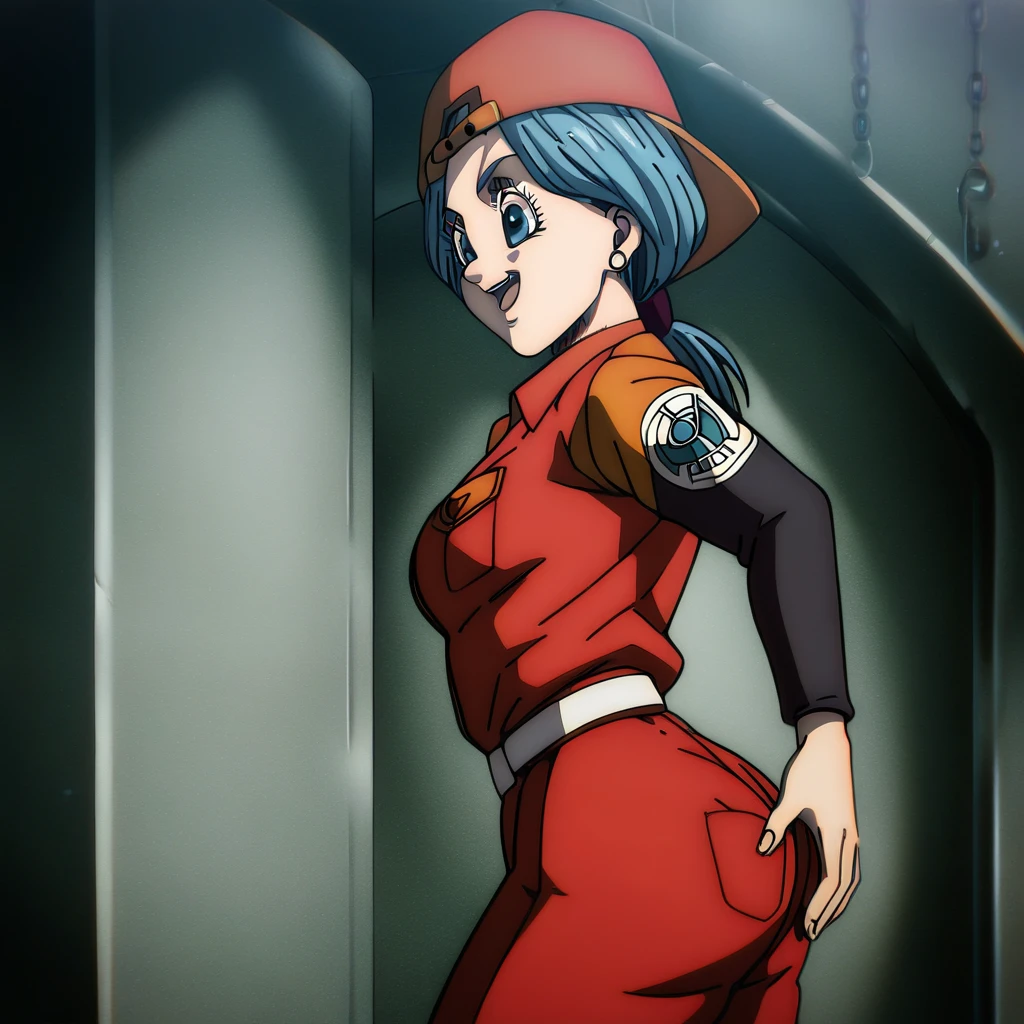 shingeki_no_kyojin_s4_style, portrait, solo,bulma, future, 1girl, solo, breasts, smile, ponytail, low ponytail, open mouth, blue eyes, backwards hat, blue hair, earrings, cowboy shot, belt, hand on own ass, looking at ass, ((red jumpsuit)), leaning forward, from side, print sleeve, 