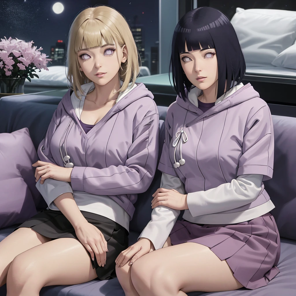 hinata with their big in the bra cleavage graphic novel style, houston texas, night time, sitting, pillow, purple smoke, two beautiful crime fighting models, one blonde, one dark haired, 23 years old, back to back, wearing hoodies, skirts