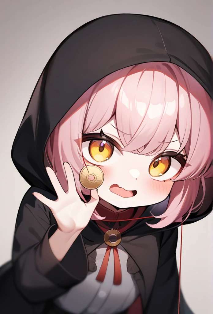 Highest quality,masterpiece,Chibi Character,1girl,独奏,Wearing a black hood,hypnosis, mind control,looking at viewer,  hand up, coin on string, Close-up,Silver Hair, gold,Open your mouth,Suspicious atmosphere