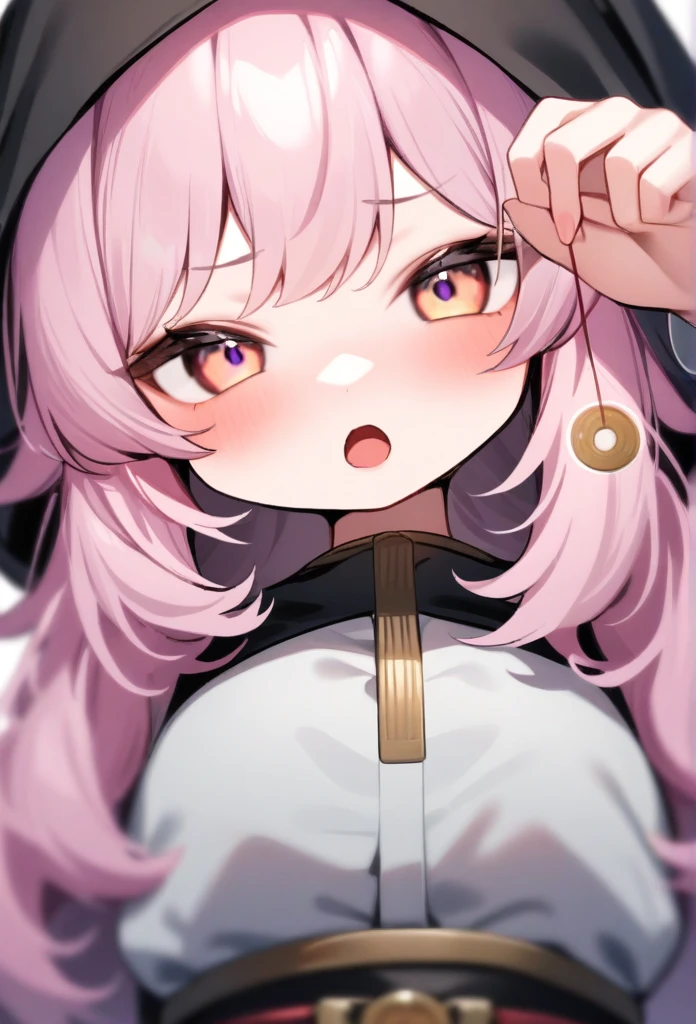 Highest quality,masterpiece,Chibi Character,1girl,独奏,Wearing a black hood,hypnosis, mind control,looking at viewer,  hand up, coin on string, Close-up,Silver Hair, gold,Open your mouth,Suspicious atmosphere