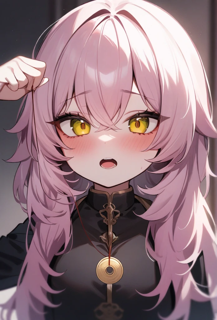 Highest quality,masterpiece,Chibi Character,1girl,独奏,Wearing a black hood,hypnosis, mind control,looking at viewer,  hand up, coin on string, Close-up,Silver Hair, gold,Open your mouth,Suspicious atmosphere