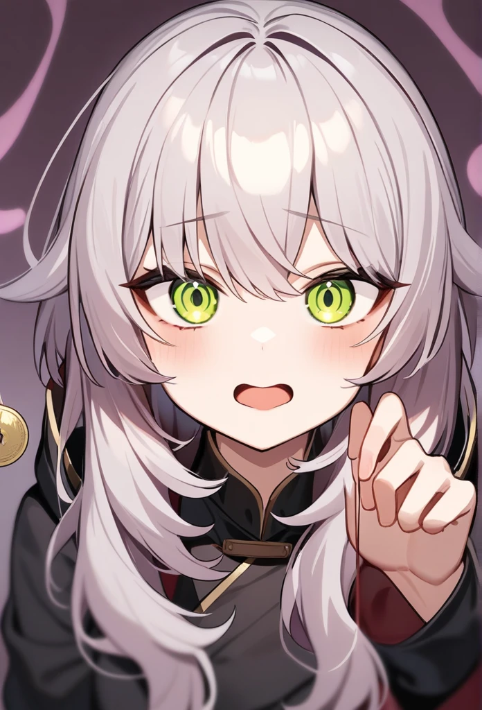 Highest quality,masterpiece,Chibi Character,1girl,独奏,Wearing a black hood,hypnosis, mind control,looking at viewer,  hand up, coin on string, Close-up,Silver Hair, gold,Open your mouth,Suspicious atmosphere