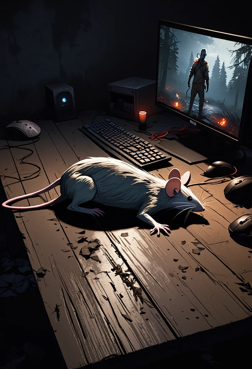 A rat woman, playing Dead By Daylight on a gaming computer, with little mice watching