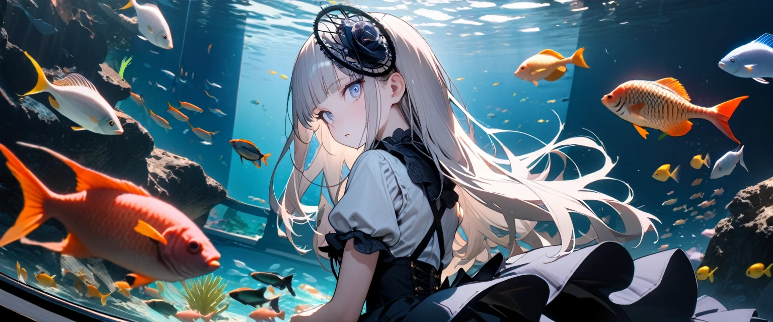 (8K, best quality, master piece: 1.2), super high resolution,1 girl,solo,,ultra-detailed face,detailed eyes,silver eyes,blunt bangs,silver hair,Straight hair,Long hair,pale skin,white short sleeve petal collar blouse,blue eyes,looking back,,black tiered skirt,black Fascinator,expressionless,lash extension,parted lips,,rim light,So many ornamental fish,aquarium