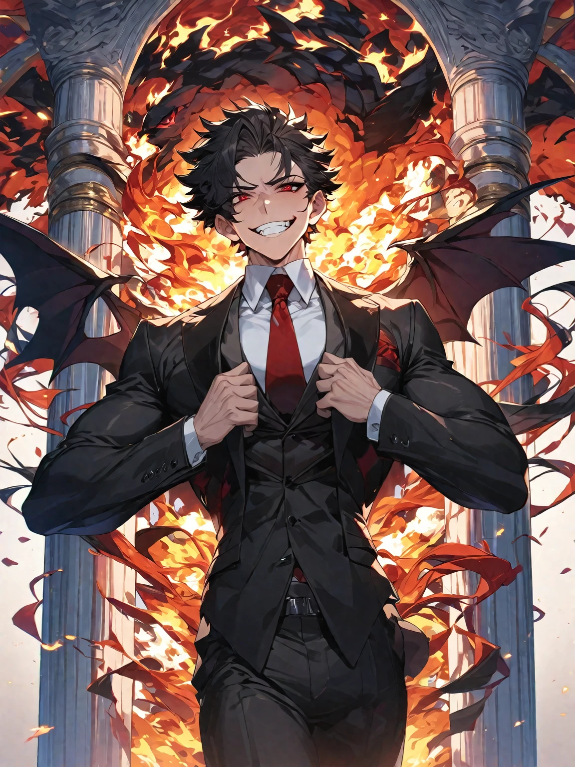 Best quality, one, beautiful, 1 man, with a sporty body, V-shaped body, wide shoulders, in a detailed black British suit, crazy wild and toothy smile, huge bat wings, sharp ears, short black hair, model hair, black sclera and blood red eye iris, a circle of fire around it, against the background of a pillar of flame and full of fire and covered with lights, fiery threads