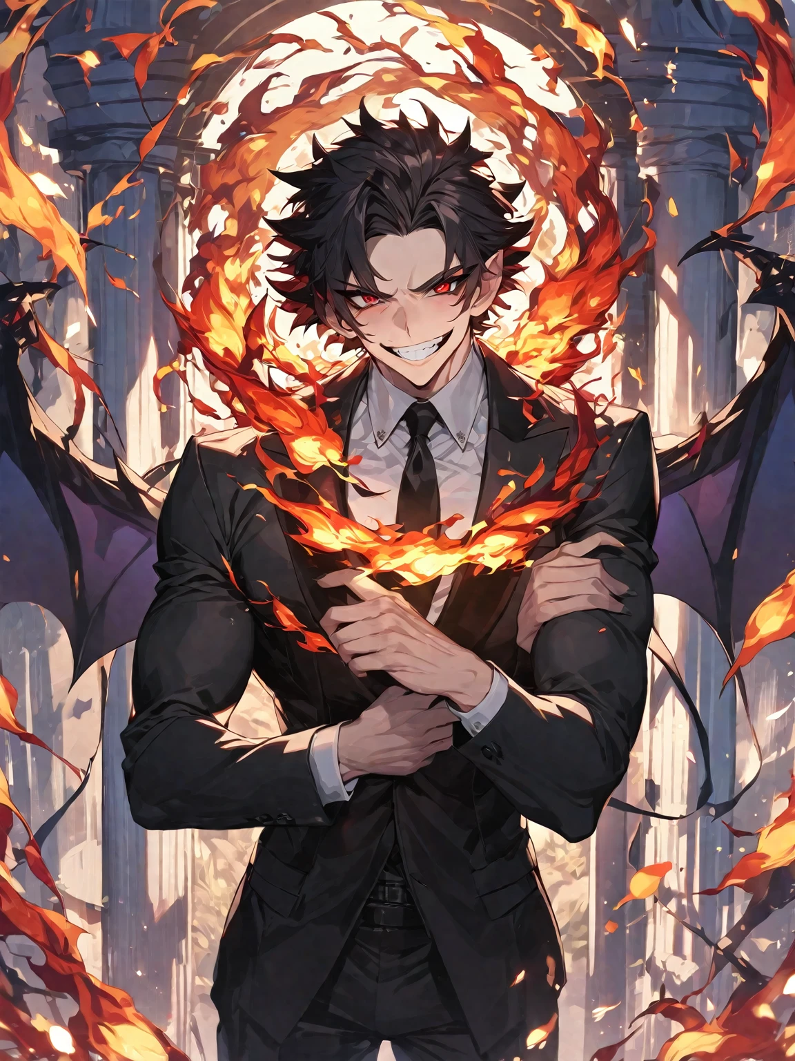 Best quality, one, beautiful, 1 man, 24 years, Tall and athletic physique, V-shaped body, in a detailed black British suit, crazy wild and toothy smile, huge bat wings, sharp ears, short black hair, model hair, black sclera and blood red eye iris, a circle of fire around it, against the background of a pillar of flame and full of fire and covered with lights, fiery threads