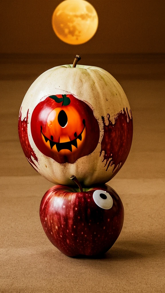 A scary monster apple in the shape of a bomb accompanied by hands and feet with a background of nuclear explosions in a laboratory