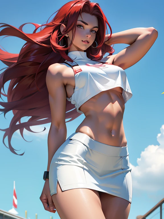 Photo, Best quality, high resolution 8k,most beautiful ager,19 years old, white skin, ultra detailed, European, long hair, red hair, hair combed back,perfect body, exuberant exotic, erotic, big breasts, under boob, narrow waist, slim thighs, thigh gap, very well detailed, mini skirt, tight white skirt, crop top, Jessie pokemon,