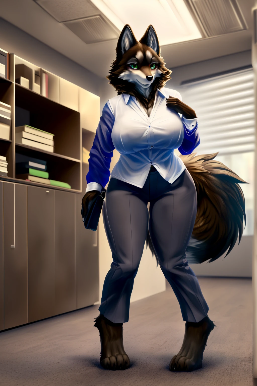 (8K, Masterpiece, high resolution, super fine illustration:1.3), (mature, mannish, cool:1.35), fluffy, green eyes, perfect anatomy, detailed background, (solo, dark brown fur, 1 female wolf kemono:1.5), at office, (business suit, pants, blouse:1.25), (full body, 6 feet tall:1.5)