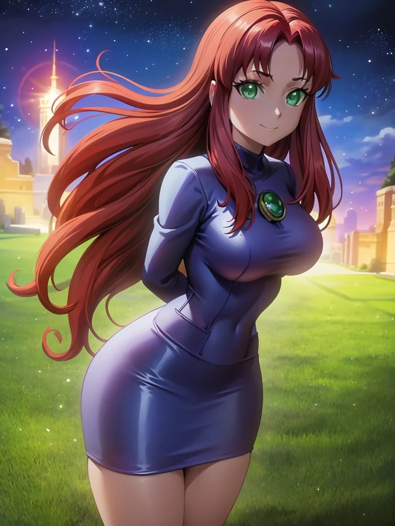 masterpiece)), best quality, ultra detailed, looking at viewer, intricate details, rich colors, sharp focus, volumetric lighting, dramatic atmosphere, nabiki tendo, brown eyes, nabiki, looking at viewer, 8k, 4k,light particles, highly detailed, detailed eyes, solo, looking at the viewer, high quality, Teen Titans, redhead, green eyes, arms behind back, big , SMILE, blue sky, grassy plains,