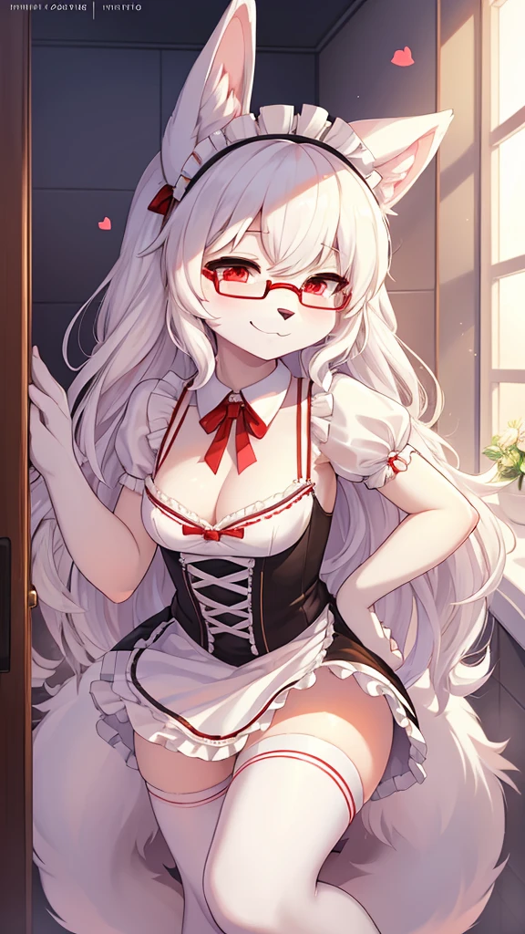 best quality,Optimal resolution,(Fluffy anthropomorphic furry :1.6),(young :1.6),White Rabbit Girl,Small Breasts,White hair,Long hair,curls,Curly hair,White rabbit ears,White rabbit tail,White fur,Red Eyes,Sparkling eyes,Shining eyes,Glasses,Bow,maid outfit,Maid headdress,Maid gloves,Ruffles,Beautiful cafe toilet,White light,Looking at the audience,Full flush,s face,Smile,heart shape eye,Heart shaped eyes,shiny ,Eyes very close,Close your eyes,Sexy pose,Shy,toilet,坐在toilet上