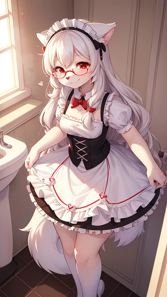 best quality,best resolution,(fluffy anthro furry :1.6),(young :1.6),cat girl,small breasts,light grey hair,long hair,wavy hair,curvy hair,light grey fur,pink eyes,glistering eyes,sparkle eyes,circle glasses,heart collar,maid outfit,maid headdress,maid gloves,ruffles,beautiful cafe,white light,looking at viewer,full face blush,horny face,smile,heart eyes,heart expression eyes,open mouth,straddle viewer,girl on top,low angle,front view,heavy breath,hands on viewer