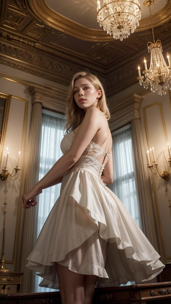a young woman. huge crystal chandelier.
darkness. light white dress.
Harper's Bazaar vogue photo style.
shining chips.
motion dynamics. bottom view.
Lea Seydoux