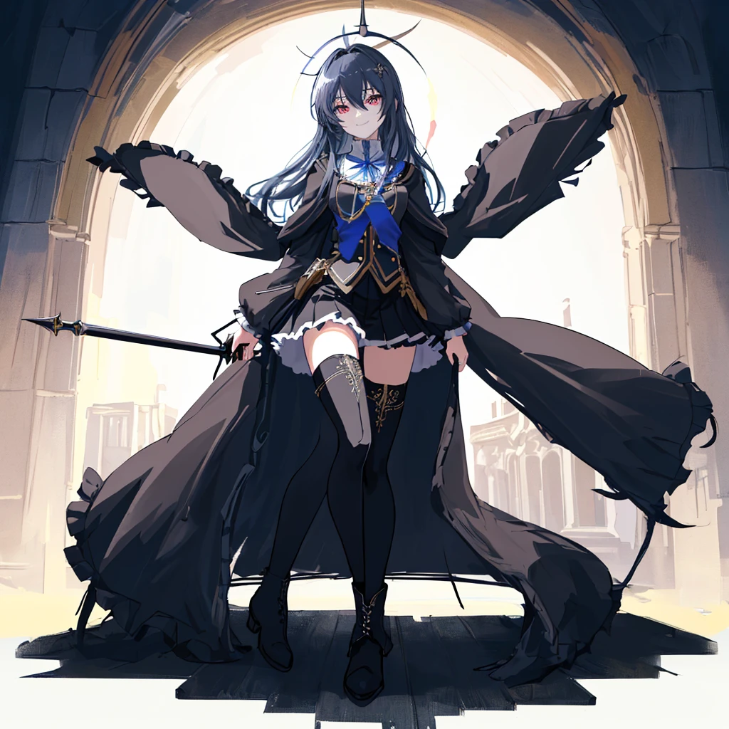 [(cathedral background:1.4)::5],original,(illustration:1.1),(best quality),(masterpiece:1.1),(extremely detailed CG unity 8k wallpaper:1.1), (colorful:0.9),(mid shot:0.95),(full body:1.5),Dynamic angle,(solo:1.2), (girl),(((adult))), (detailed beautiful eyes:1.15), (beautiful face:1.15), (glowing black eyes:1.25////),(blue long hair),(+perfect hand+:1.21),(Draw an illustration of a holy knight wizard),(Religious),(slender),(is wearing boots on her feet),((is wearing black thighhighs)),smile,(frilled mini skirt with metal decorations),beautiful slender adult,