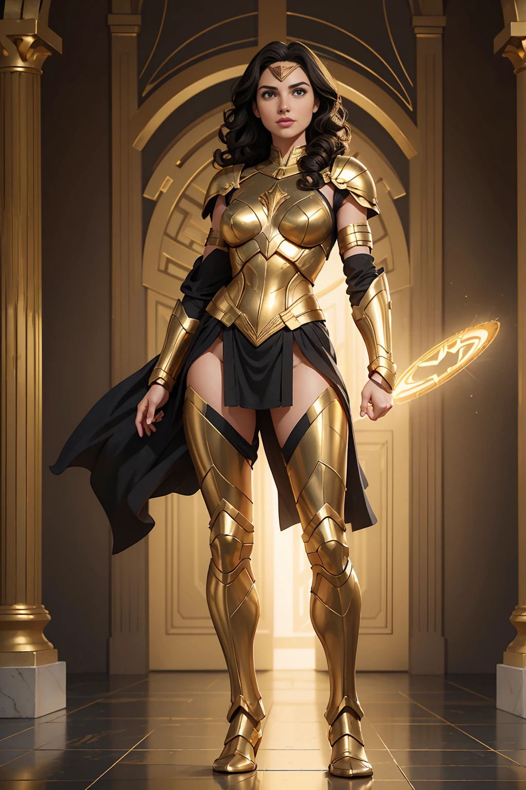 ((Full body photo, standing, feet on the ground)) Gal Gadot, ultrarealism, ultra-resolution, HDR, Photographic realism, woman, medium breasts, black curly hair, with the golden armor of Scorpio, Knight of the Zodiac, golden Athenian helmet, black cover, in Greece, fight, 8k, full body, slight smile, frontal shot.
