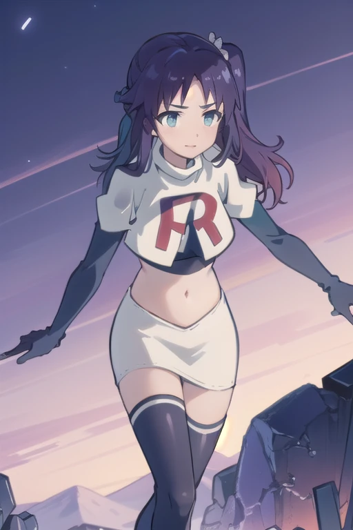 1girl,solo,outdoor,
aatisaki,blue_hair,blue_eyes,side_ponytail,team rocket,team rocket uniform,white skirt,red letter R,crop top,black thigh-highs,black elbow gloves
