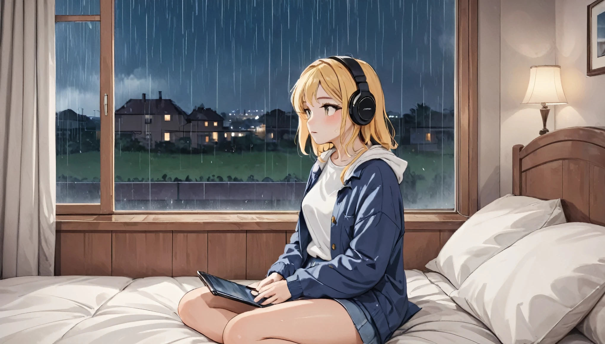 Lofi Song, sitting on the bed. looking at the window, having a coffee. listening to music on headphones, while looking out the window and seeing the rain falling