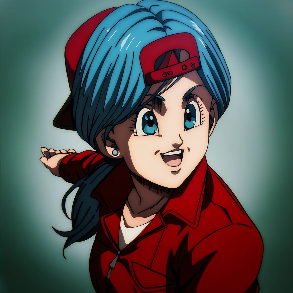 shingeki_no_kyojin_s4_style, portrait, solo,bulma, future, 1girl, solo, breasts, smile, ponytail, low ponytail, open mouth, blue eyes, backwards hat, blue hair, earrings,  ((red jumpsuit)), leaning forward, from side, print sleeve, 