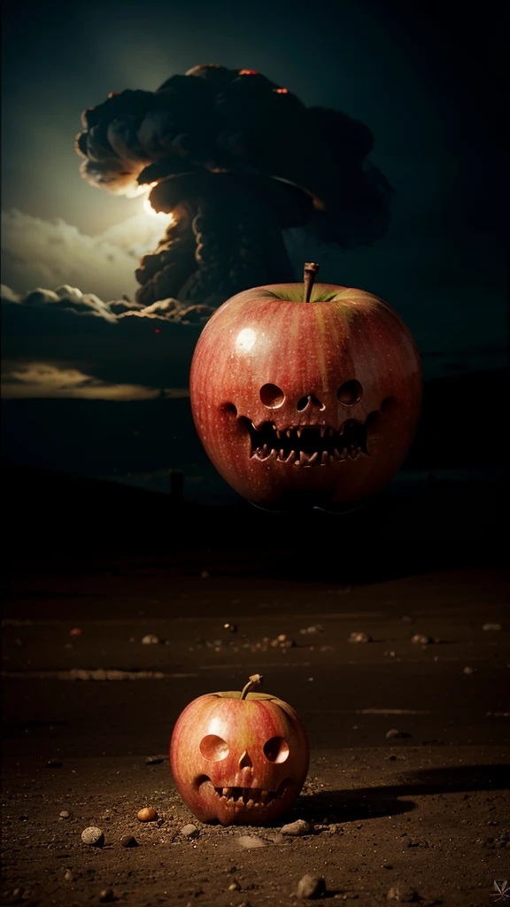 A scary monster apple in the shape of a bomb accompanied by hands and feet with a background of nuclear explosions in a laboratory