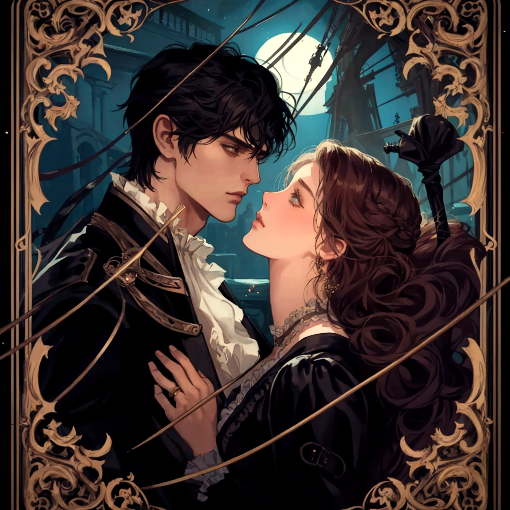 a painting of a man and a woman dressed as pirates, romance novel cover, Edmund Blair e Charlie Bowater, fantasy victorian art, braggart and romantic, Romanticism art style, Gothic romance, charlie bowater and artgeem, no art style by bowater, style of charlie bowater, romantic era painting, romance book cover style