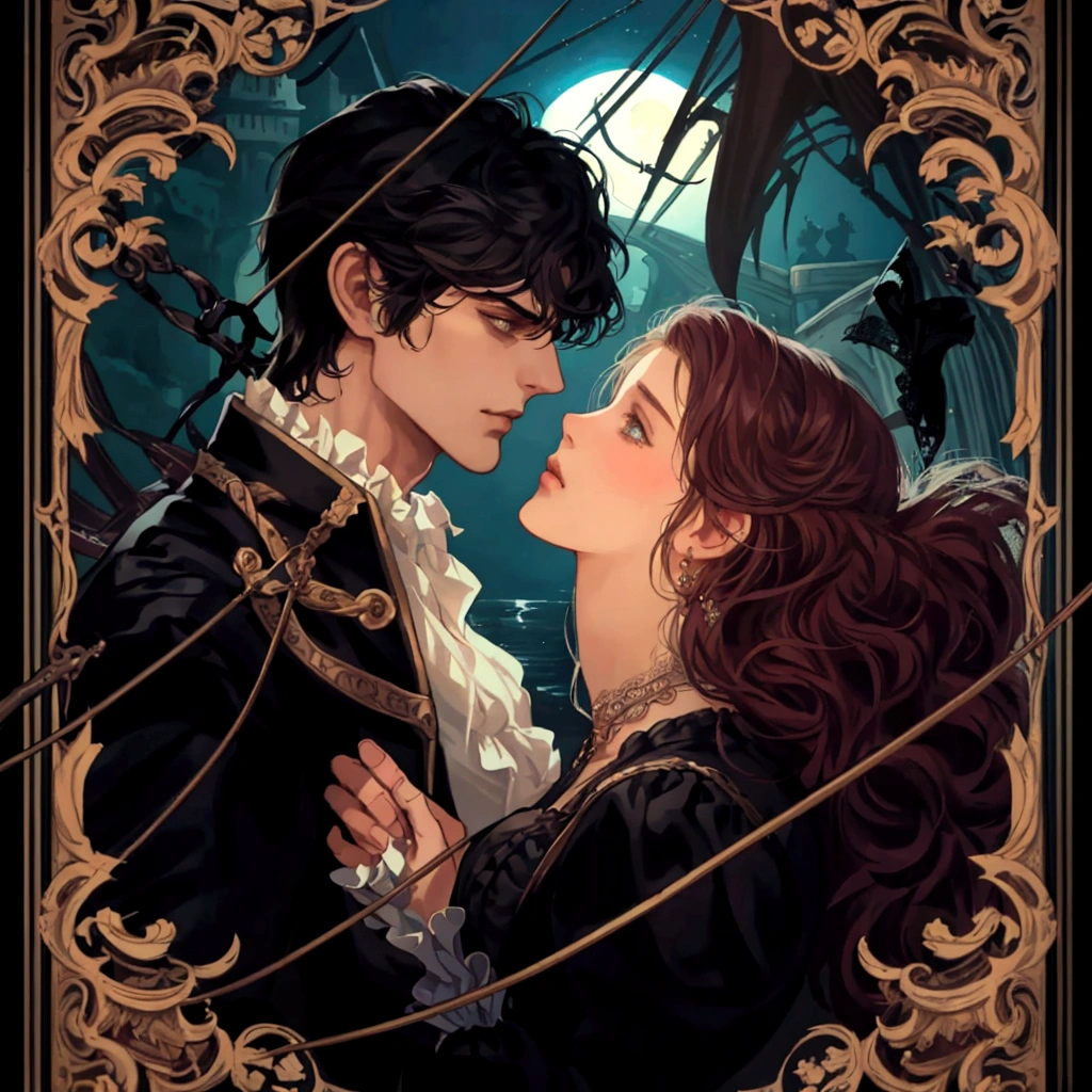 a painting of a man and a woman dressed as pirates, romance novel cover, Edmund Blair e Charlie Bowater, fantasy victorian art, braggart and romantic, Romanticism art style, Gothic romance, charlie bowater and artgeem, no art style by bowater, style of charlie bowater, romantic era painting, romance book cover style