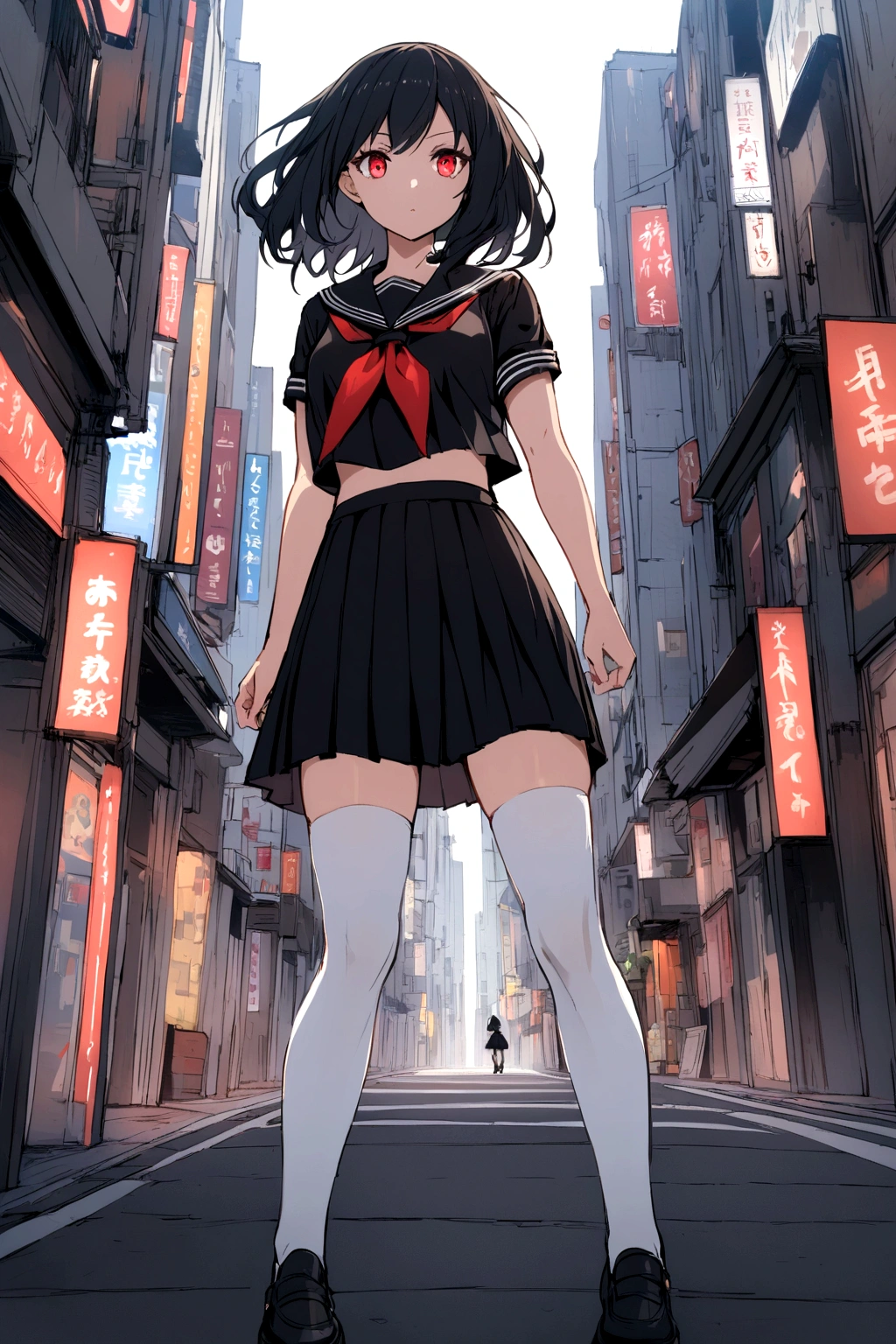 A girl with black hair, light complexion, red eyes ,Medium sized tits wearing a black sailor fuku and white stockings while standing in the middle of the city