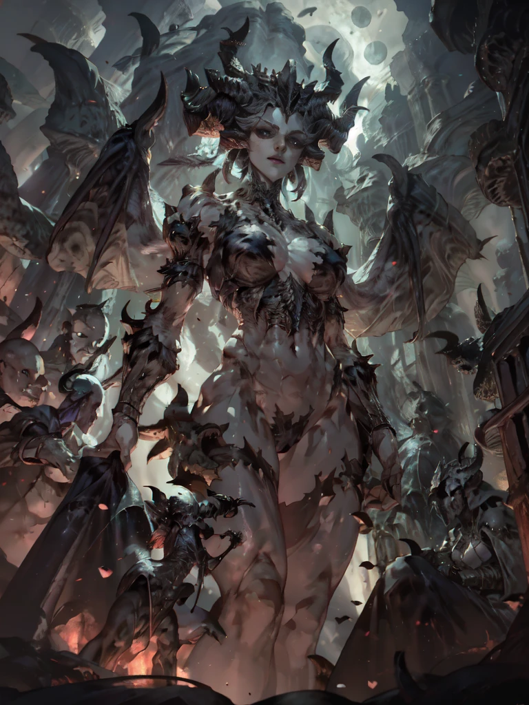 a fantasy image, a cave full of bones and skulls, it should show a faint moonlight, in the center of the image there should be a woman with long bat wings and long horns, the background should be a clear night sky with a moon red behind.