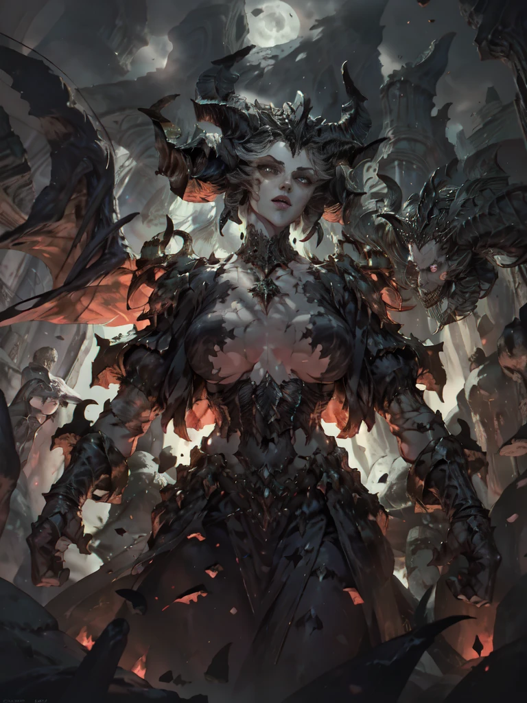 a fantasy image, a cave full of bones and skulls, it should show a faint moonlight, in the center of the image there should be a woman with long bat wings and long horns, the background should be a clear night sky with a moon red behind.