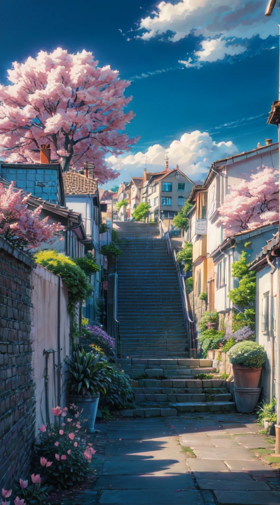 a painting of a street with stairs and trees in bloom, beautiful anime scene, beautiful anime scenery, anime background art, anime beautiful peace scene, anime scenery, anime background, colorful anime movie background, anime movie background, spring season city, ross tran. scenic background, anime landscape, beautiful anime, scenery artwork, the most beautiful scene, anime art wallpaper 4k