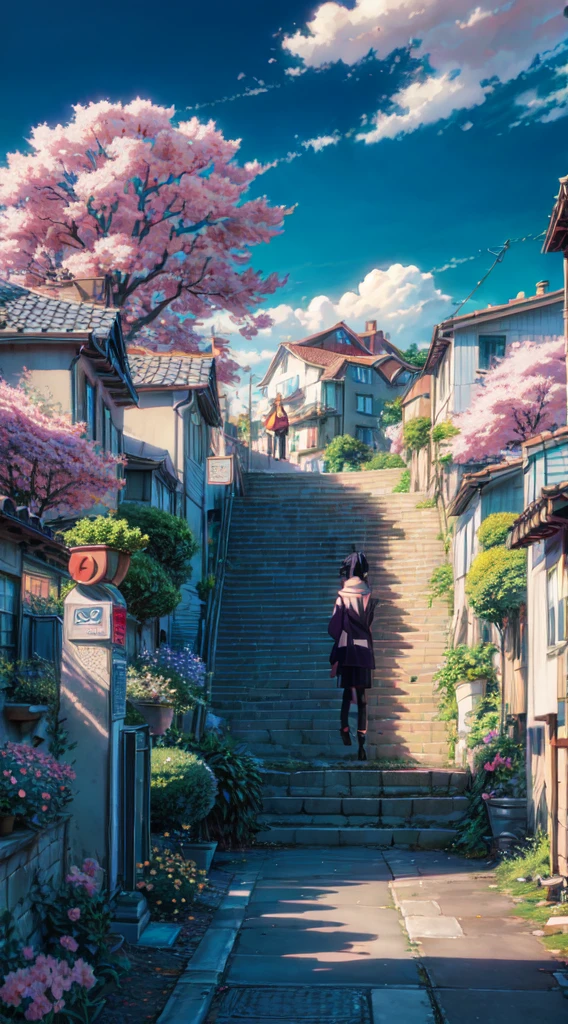 a painting of a street with stairs and trees in bloom, beautiful anime scene, beautiful anime scenery, anime background art, anime beautiful peace scene, anime scenery, anime background, colorful anime movie background, anime movie background, spring season city, ross tran. scenic background, anime landscape, beautiful anime, scenery artwork, the most beautiful scene, anime art wallpaper 4k