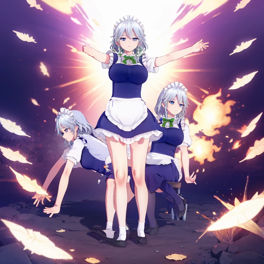 (((High quality))), Sakuya Izayoi, holding knives, epic fight stand