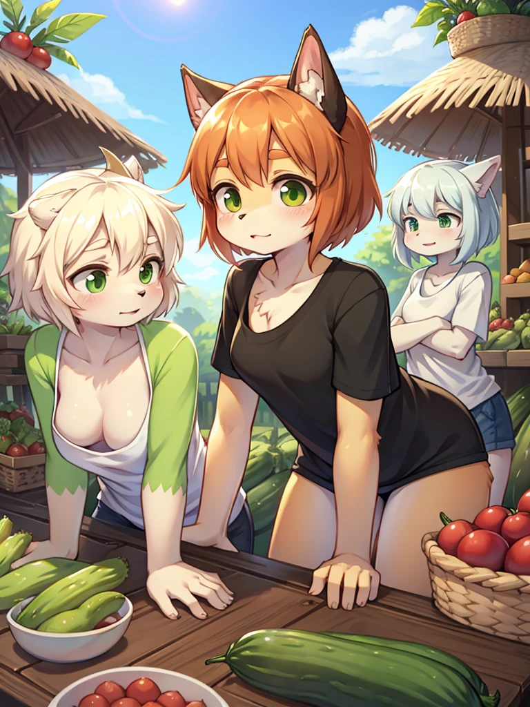 squad , T-shirt , flat chest , downblouse , Leaning forward , The greengrocer gazes fascinated at the cucumbers