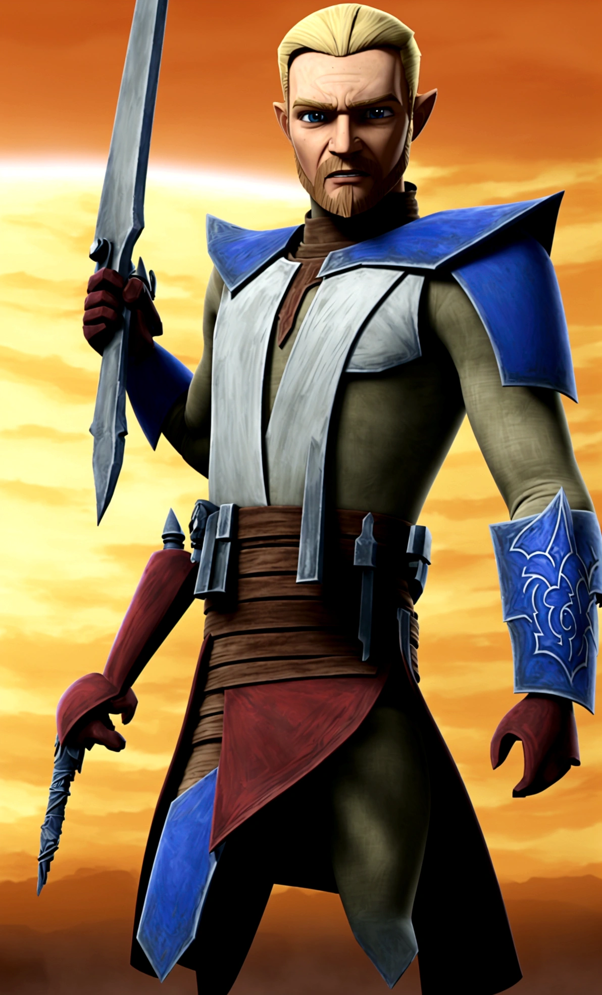 full-body shot, star wars clone wars art style, 3d shading, tall brawny muscular, pale white skin, snow elf, subtle grin, long scarlet red tied back hair, thick eyebrows and stubble, red eyes, holding his twohanded claymore greatsword the large green plasma blade, black half plate armor with a Pauldron and dark brown leather accents, bright space station background