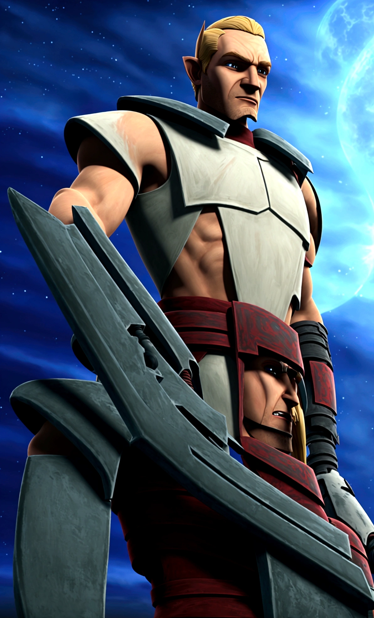full-body shot, star wars clone wars art style, 3d shading, tall brawny muscular, pale white skin, snow elf, subtle grin, long scarlet red tied back hair, thick eyebrows and stubble, red eyes, holding his twohanded claymore greatsword the large green plasma blade, black half plate armor with a Pauldron and dark brown leather accents, bright space station background
