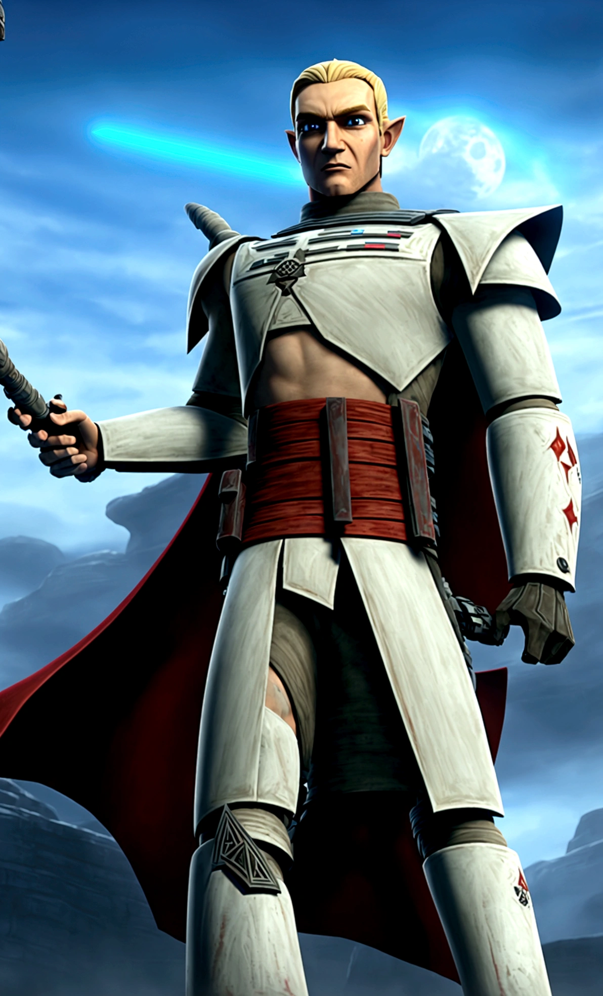 full-body shot, star wars clone wars art style, 3d shading, tall brawny muscular, pale white skin, snow elf, subtle grin, long scarlet red tied back hair, thick eyebrows and stubble, red eyes, holding his twohanded claymore greatsword the large green plasma blade, black half plate armor with a Pauldron and dark brown leather accents, bright space station background