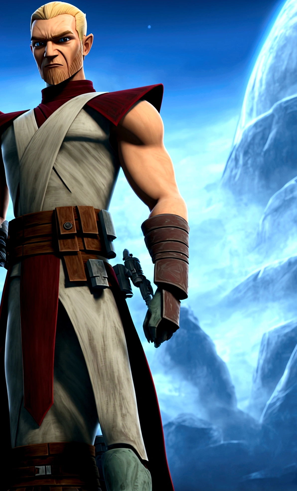 full-body shot, star wars clone wars art style, 3d shading, tall brawny muscular, pale white skin, snow elf, subtle grin, long scarlet red tied back hair, thick eyebrows and stubble, red eyes, holding his twohanded claymore greatsword the large green plasma blade, black half plate armor with a Pauldron and dark brown leather accents, bright space station background