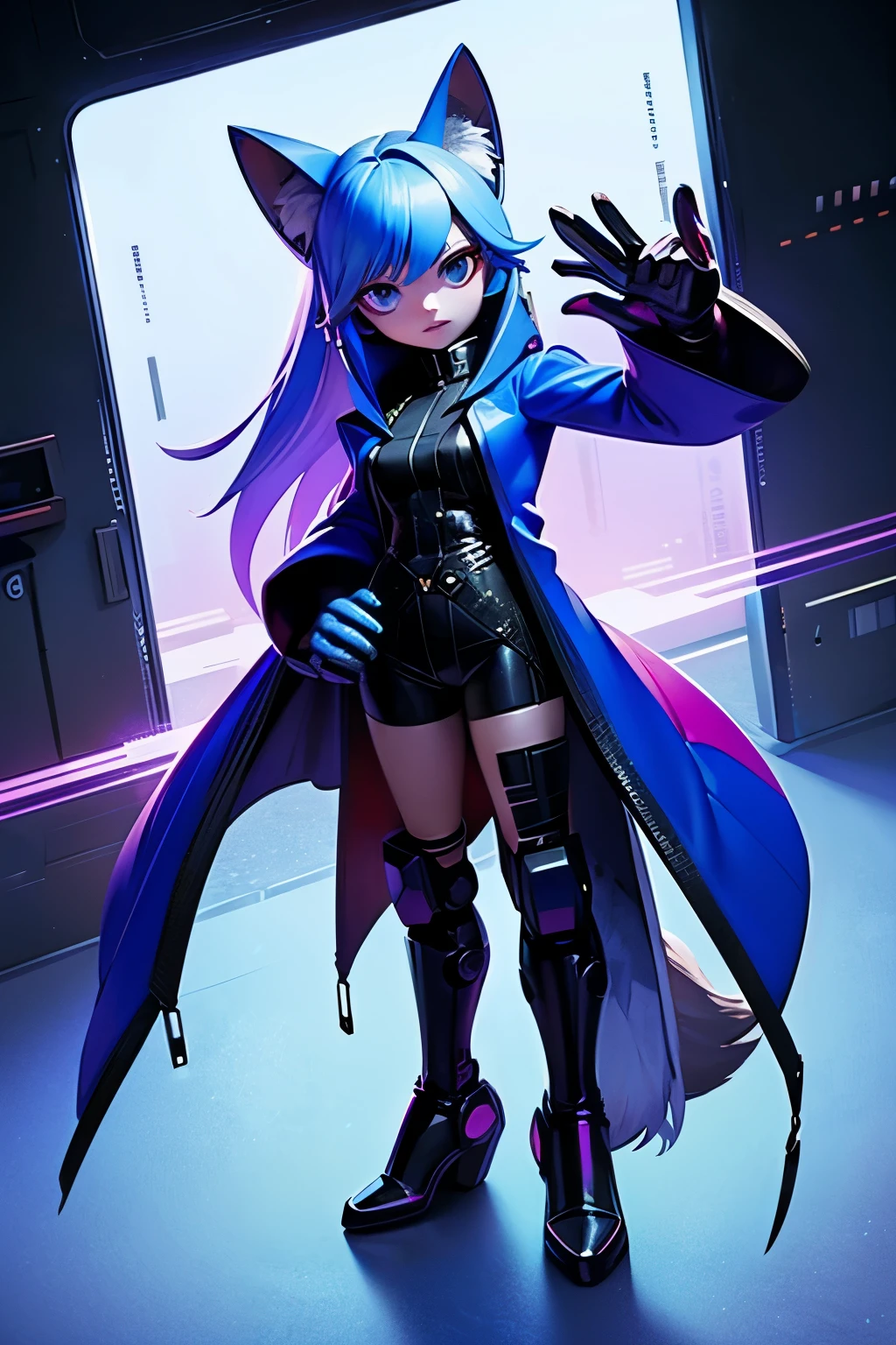 A full shot of a female character, a fox, OC, ((OC)), (Cyber punk clothing ((long coat)) wide sleeves)