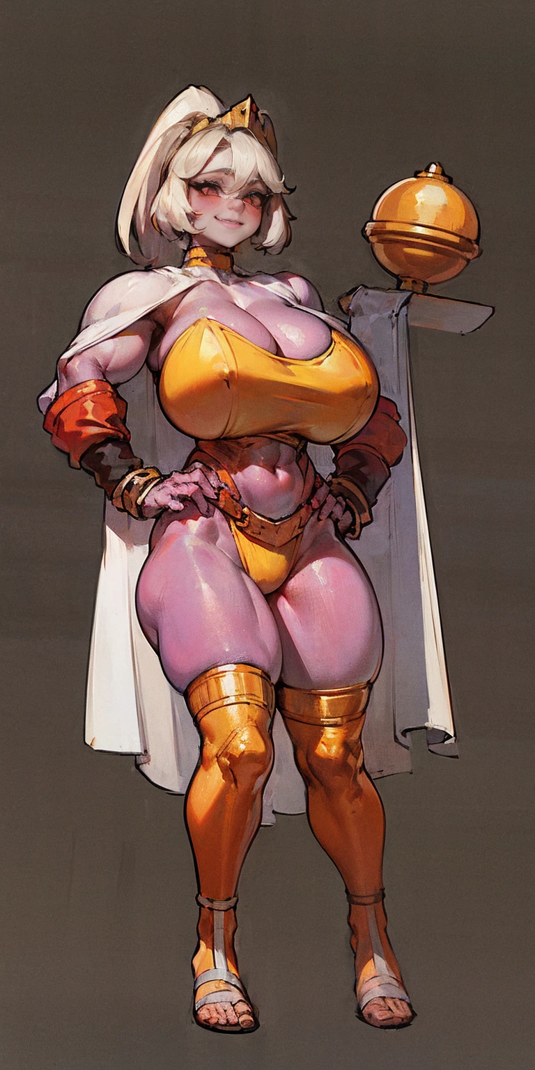 ((BLACK BACKGROUND,1:2, masterpiece)) full body MILF BIMBO standing with two long thighs and two metal sandals, red eyes, two-tone hair, brown hair, silver white hair, short bob style hair, big breasts, cleavage, separate sleeves, tiara royal, long cape up to two feet, yellow bikini, hands on waist, navel, toned body, lustful smirking smiling, smile face (red blushed, red cheeks), metal shoulders, gold sleeveless armbands, black leather choker slave collar (leather choker with big golden bell), shackle bracelets, red crest, pauldrons, breastplate, leather corset, eye focus, full body, whole body, 1solo, loincloth standing, hands on hips, big belt, view from below, feet together, bracers, tiara)