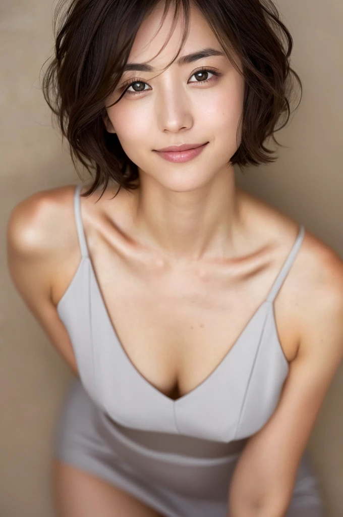You are a professional photographer。Beautiful Eyes、 ((Highest quality)), Clear contours, Woman with beautiful face, (((One Girl,alone))), ((Beautiful Eyes)), Sex Appeal,Albedo and Specular Maps、Accurate simulation of lightweight material interactions、A woman in a creative outfit taking a photo, Light Smile、perfect body,Very Short Hair,Thighs,From directly below