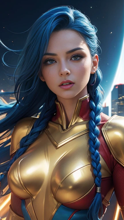 (best quality,4k,8k,highres,masterpiece:1.2),ultra-detailed,(realistic,photorealistic,photo-realistic:1.37), sexy superheroine, red, yellow, and silver outfit, cosmic powers, energy manipulation, vibrant and dynamic pose, shiny metallic textures, realistic facial expressions, flowing hair, dramatic lighting, intense action scene, cityscape background, high-tech gadgets, electric blue color scheme, vivid and saturated colors (blue hair) () (braids)