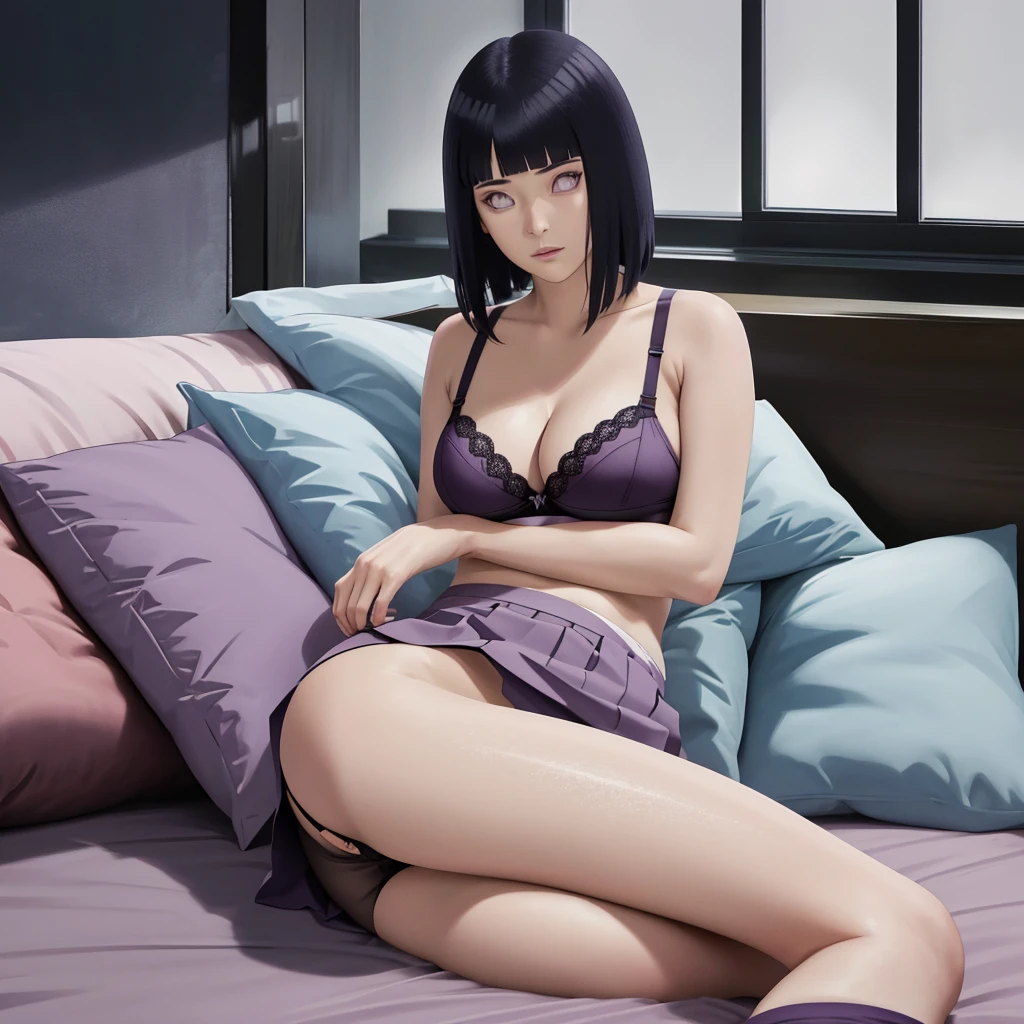 hinata with their big in the bra cleavage graphic novel style, houston texas, night time, sitting, pillow, purple smoke, one beautiful crime fighting models, one dark haired, 23 years old, wearing only bra, skirts