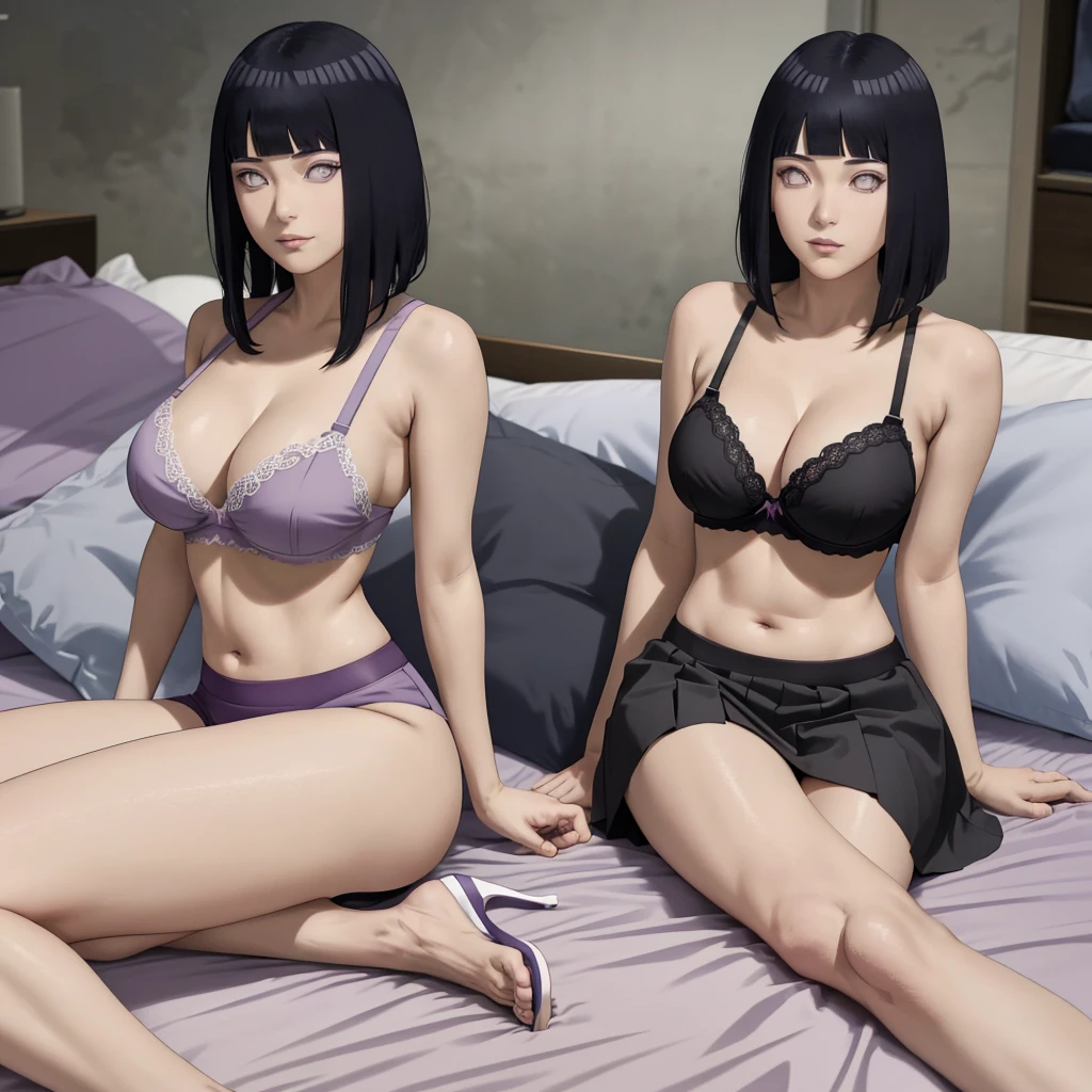 hinata with their big in the bra cleavage graphic novel style, houston texas, night time, sitting, pillow, purple smoke, one beautiful crime fighting models, one dark haired, 23 years old, wearing only bra, skirts