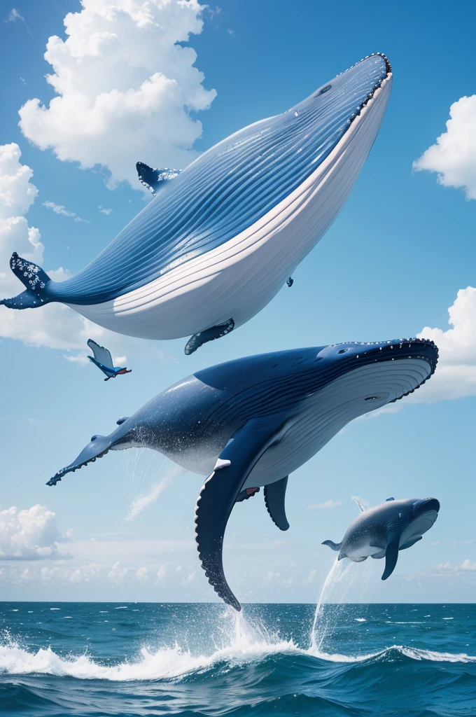 a flying whale with blue shoes
