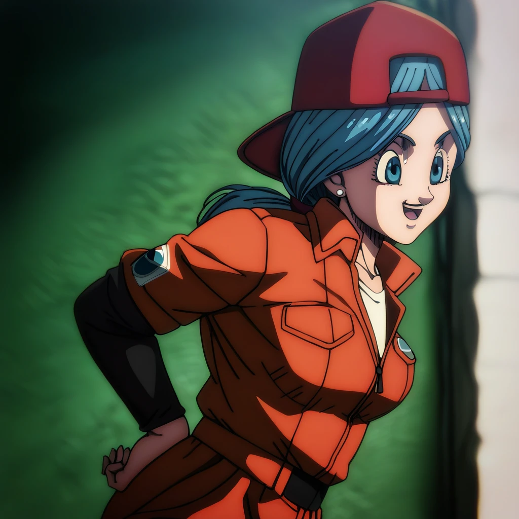 shingeki_no_kyojin_s4_style, portrait, solo,bulma, future, 1girl, solo, breasts, smile, ponytail, low ponytail, open mouth, blue eyes, backwards hat, blue hair, earrings,  ((red jumpsuit)), leaning forward, from side, print sleeve, 