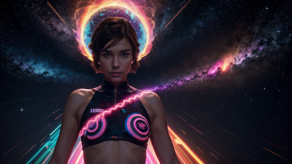 a cute, slender, aerobics instructor, very short brown hair, very short brown hair, very short brown hair, very short brown hair, very short brown hair, brown eyes, dimples, sexy pose; In a kaleidoscopic realm of swirling stardust and neon nebulae, her incandescent form outshines quasars, with obsidian tresses cascading down her silhouette. more neon psychedelic lighting, more neon psychedelic lighting, more neon psychedelic lighting,